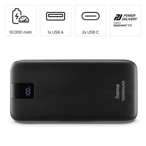 Hama Power Delivery 10000mAh 2xUSB-C+1xUSB-A - powerbank, Black