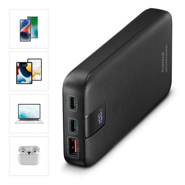 Hama Power Delivery 10000mAh 2xUSB-C+1xUSB-A - powerbank, Black