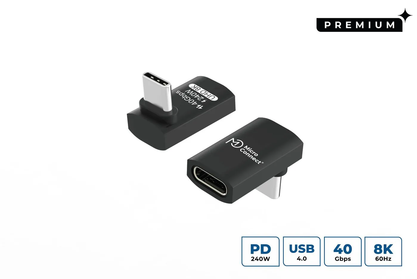 MicroConnect Premium USB4 Gen 3x2 USB-C 90&deg; -adapteri, 240 W, musta