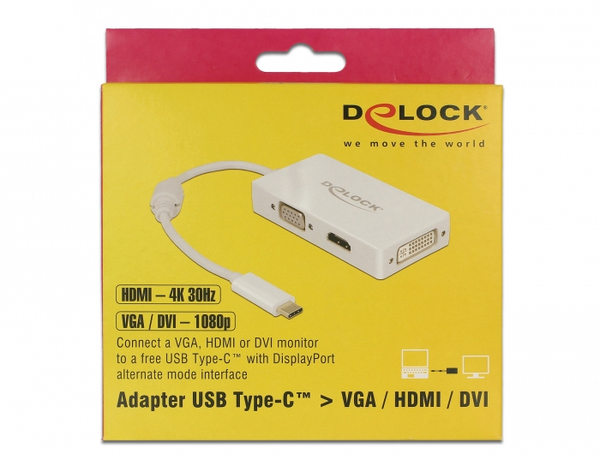 Delock Adapter USB Type-C male &gt; VGA / HDMI / DVI female white