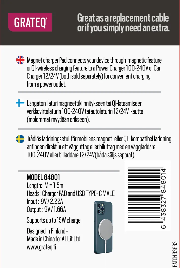 Grateq Magnet Pad -langaton laturi, USB-C 1.5m