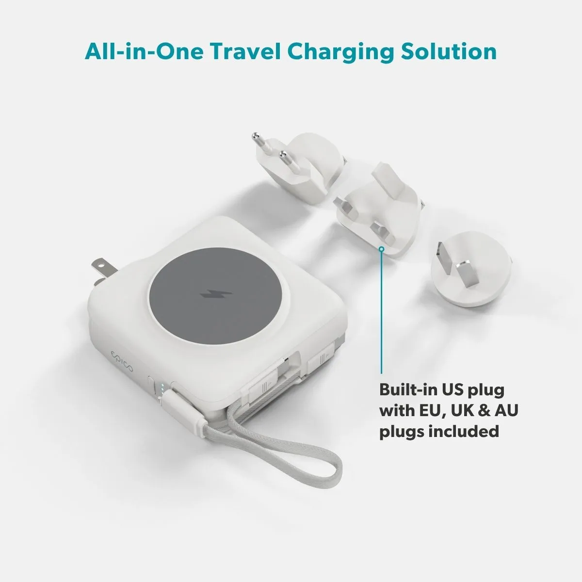 Epico Travel UltraPack 3in1 10 000mAh Power Bank and Wall Charger ET50 Plugs for EU, UK, AU  &amp; &nbsp;US, White