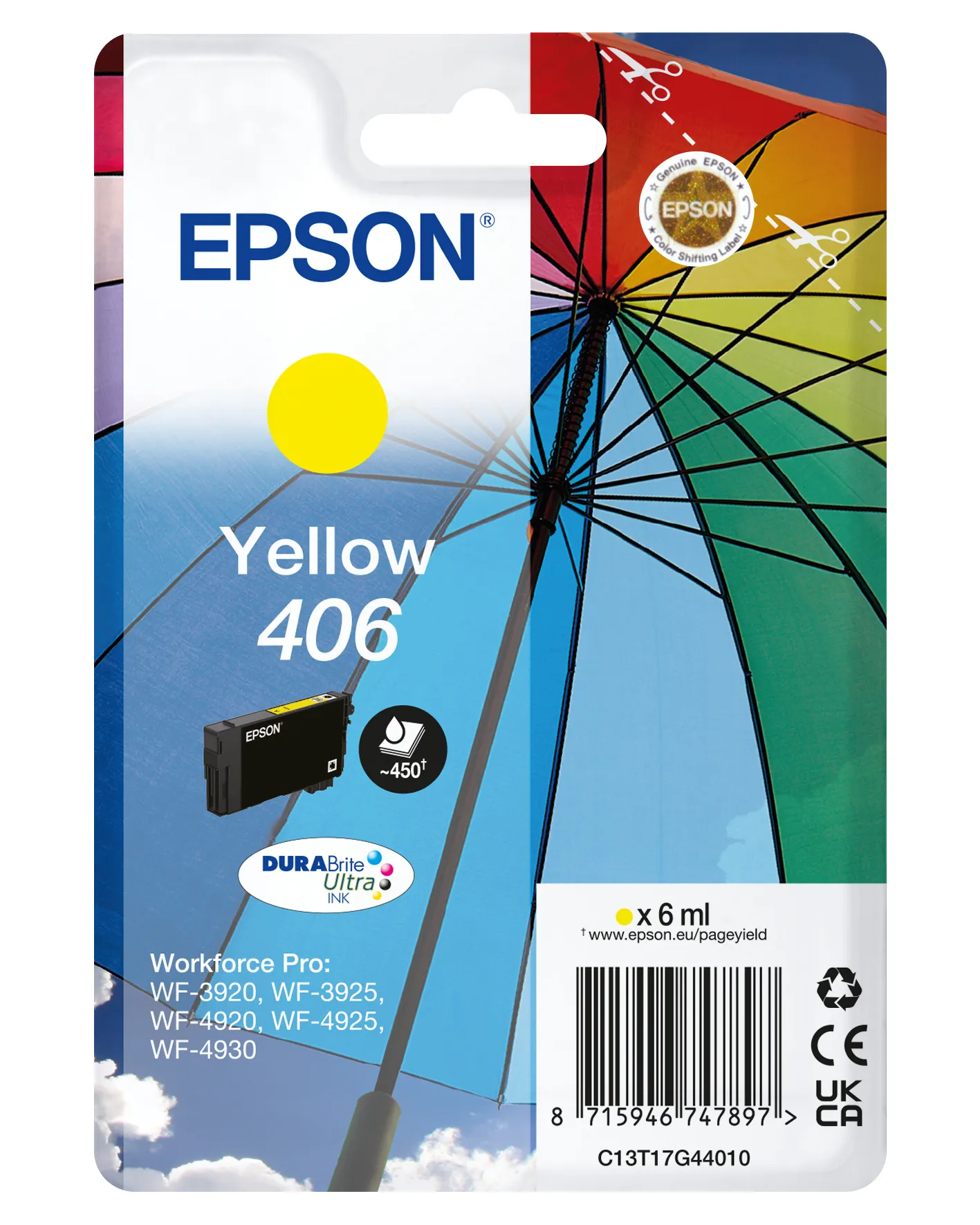 Epson 406 Umbrella DURABrite Ultra C13T17G44010 -mustekasetti, 6 ml, keltainen