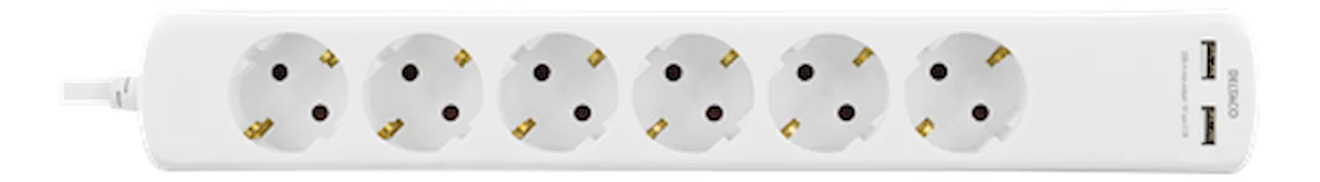 Deltaco GT-166 2xUSB, 6 outlets Power Strip, 1.5m, White