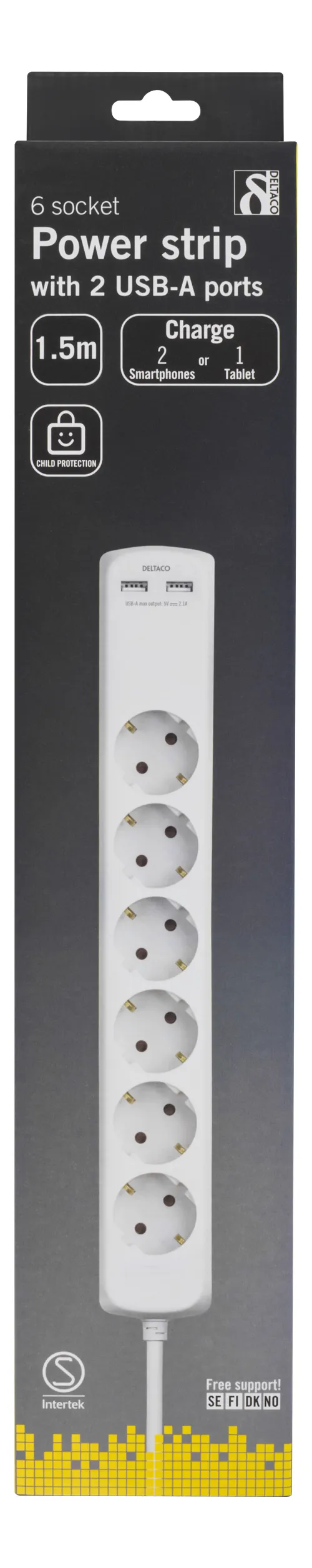 Deltaco GT-166 2xUSB, 6 outlets Power Strip, 1.5m, White