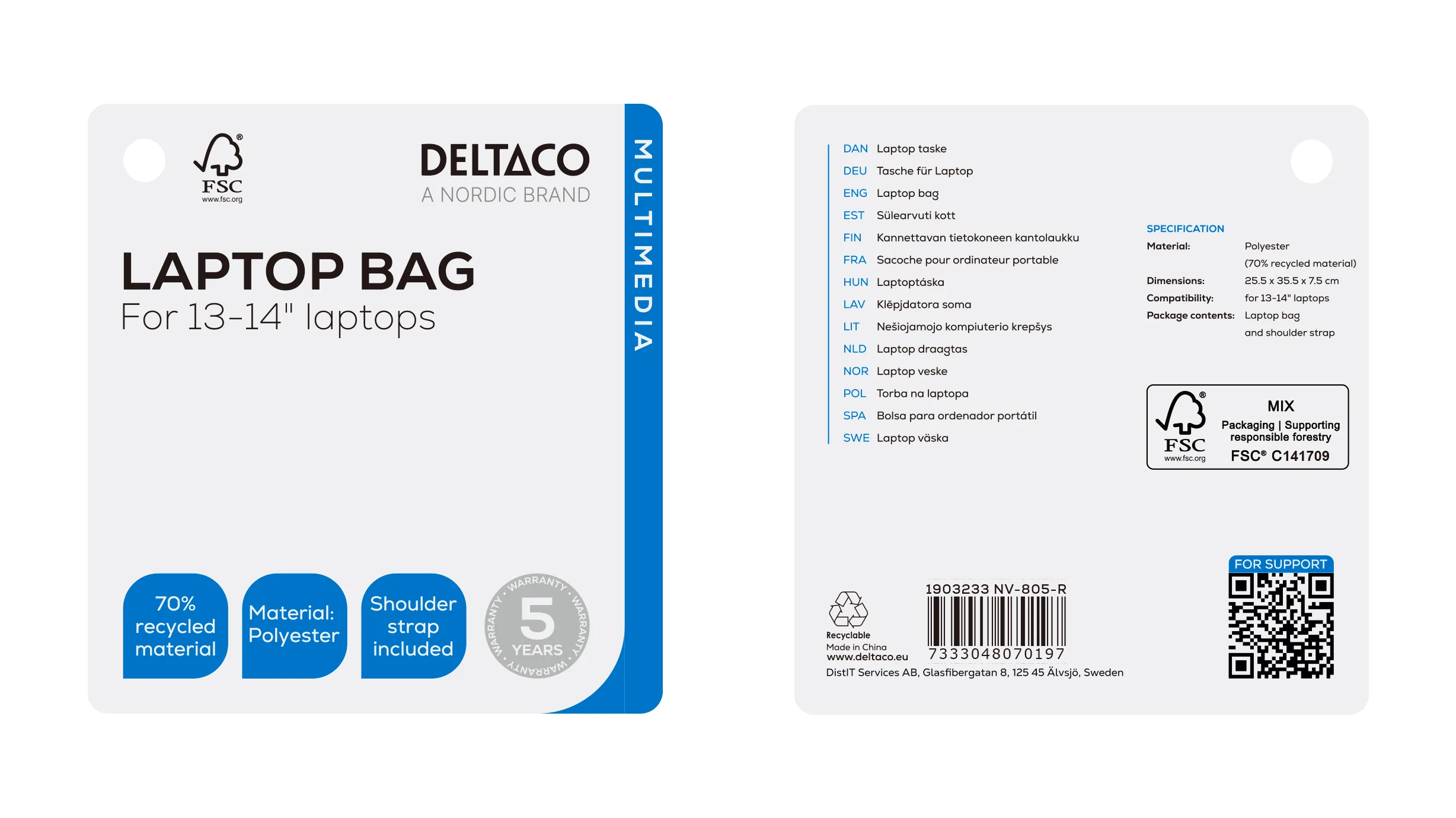 Deltaco Kierrätetystä polyesteristä -kannettavan laukku, Musta, 13-14"
