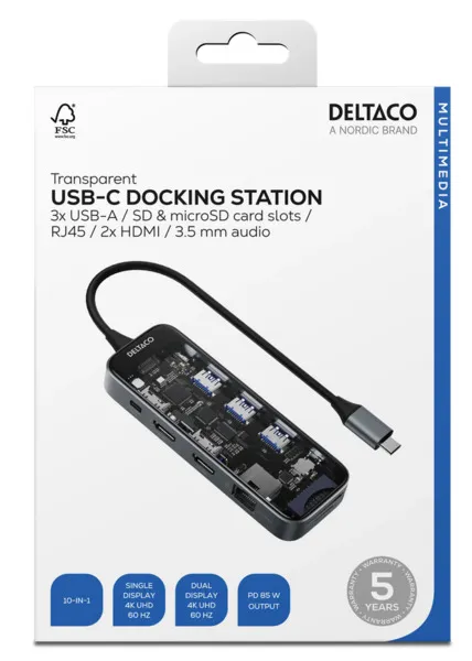 Deltaco 10-in-1 -USB-C-telakointiasema, läpinäkyvä