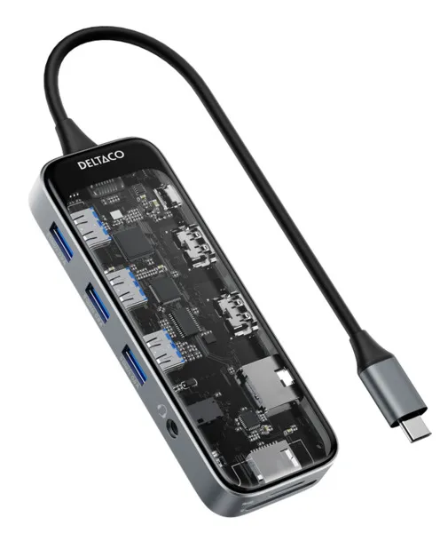Deltaco 10-in-1 -USB-C-telakointiasema, läpinäkyvä