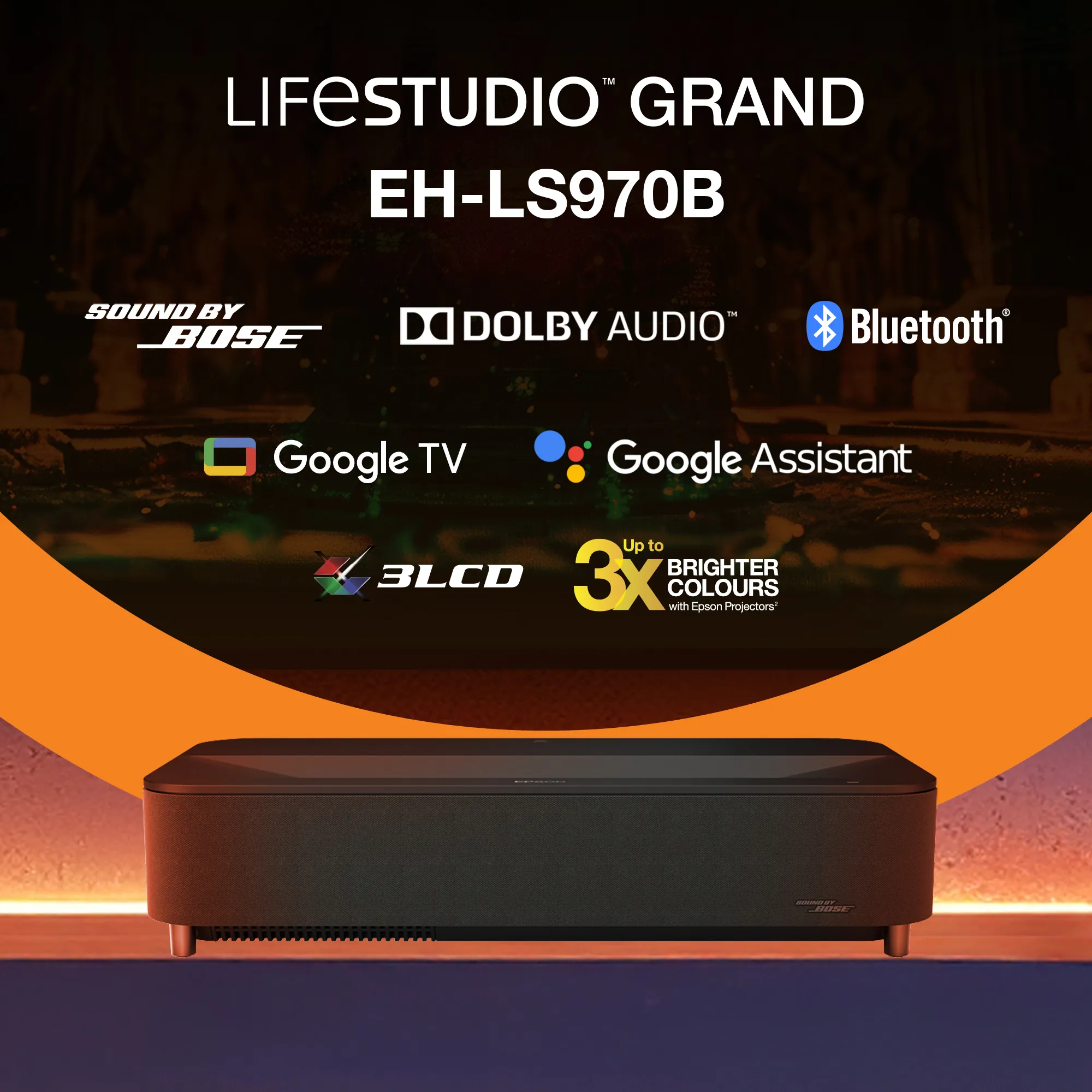 Epson Lifestudio Grand Plus EH-LS970B Ultra Short Throw 3LCD 4K UHD 4000 ANSI lm Laser Projector, Black