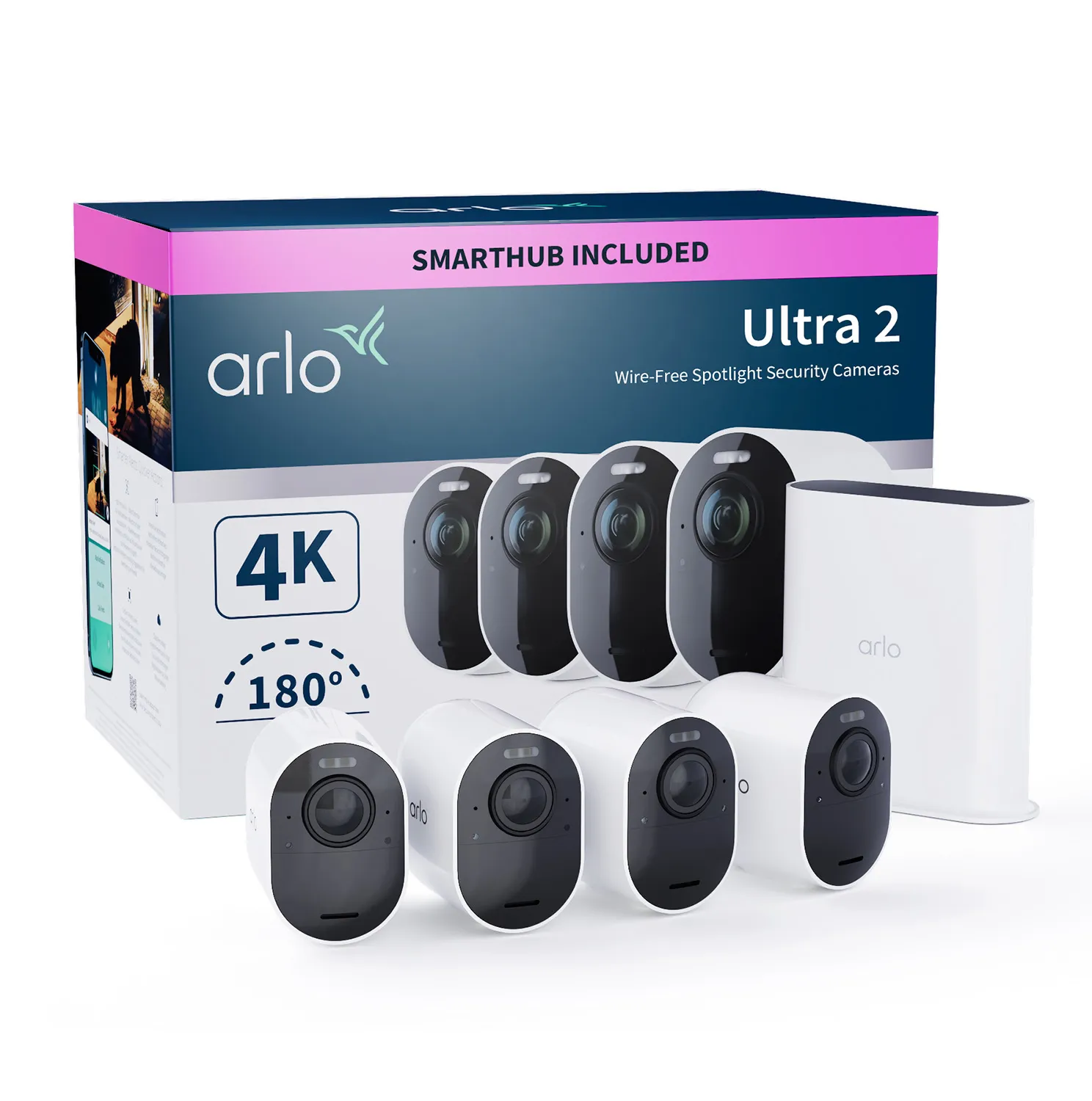 Arlo Ultra 2 Security System - Yhdyskäytävä + kamera(t) - akkukäyttöinen, vaihtovirralla toimiva - 4 kamera/kamerat