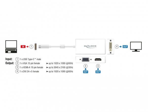 Delock Adapter USB Type-C male &gt; VGA / HDMI / DVI female white