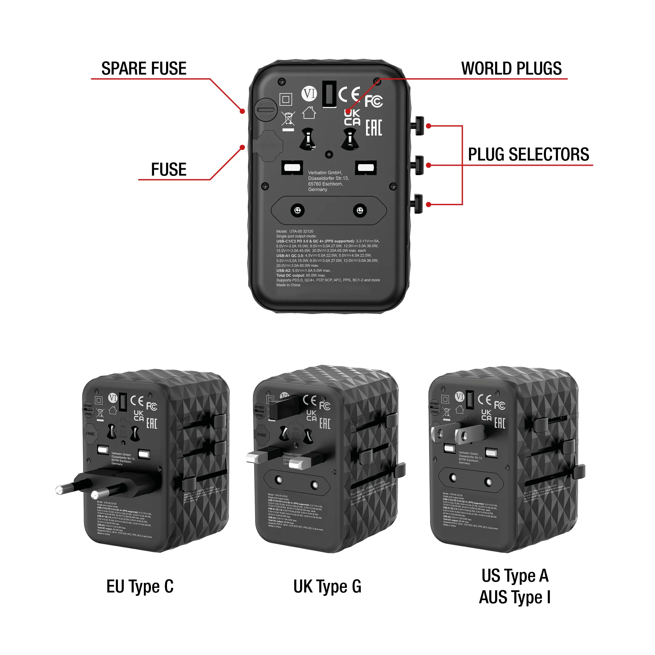 Verbatim UTA-05 GaN III Universal Travel Adapter 2 x USB-C PD -laturi