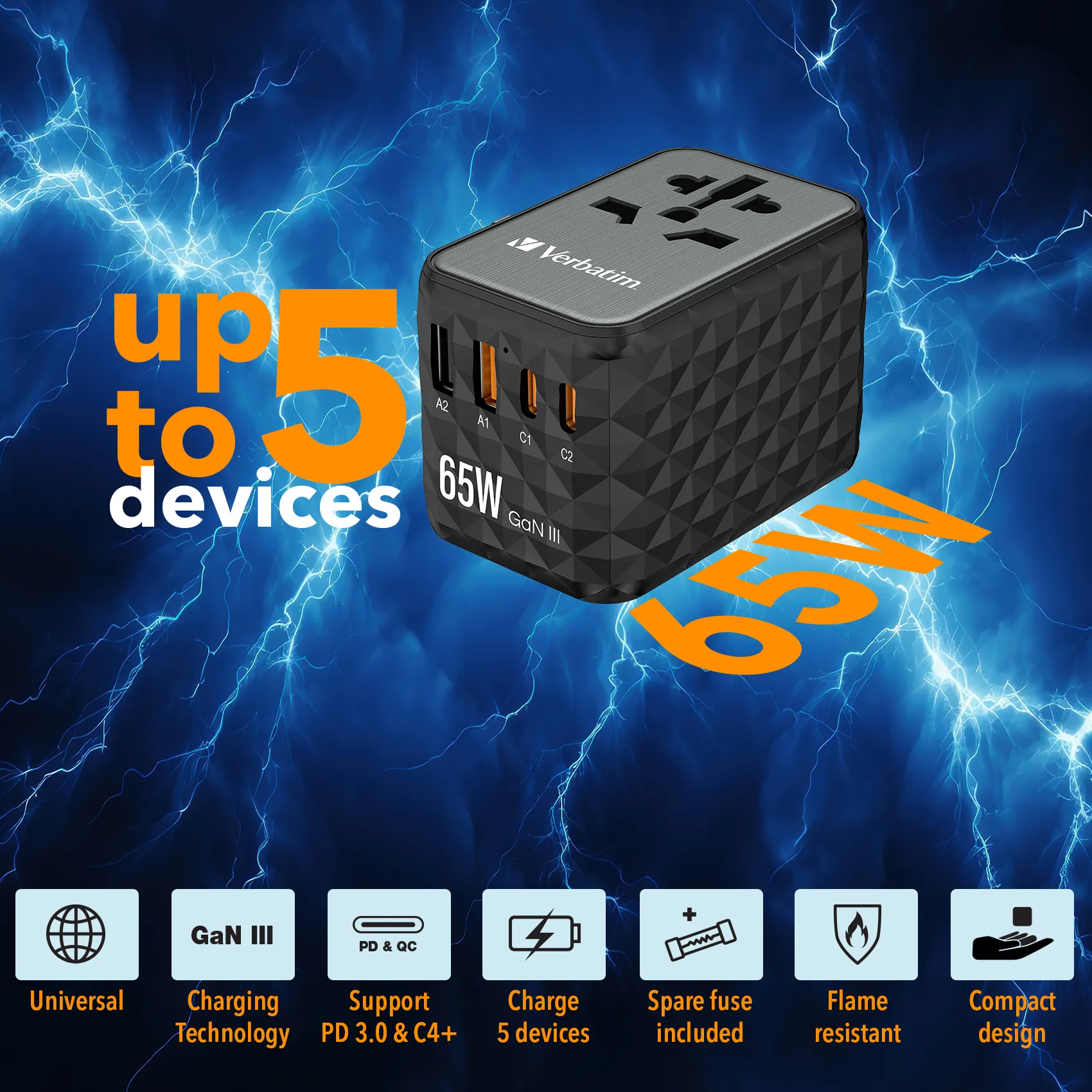 Verbatim UTA-05 GaN III Universal Travel Adapter 2 x USB-C PD -laturi