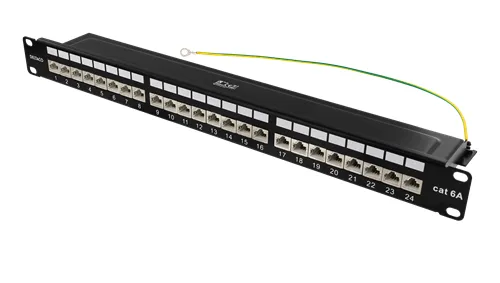 DELTACO STP-kytkentäpaneeli, 24xRJ45, Cat6a, 1U, 19", metallia, musta