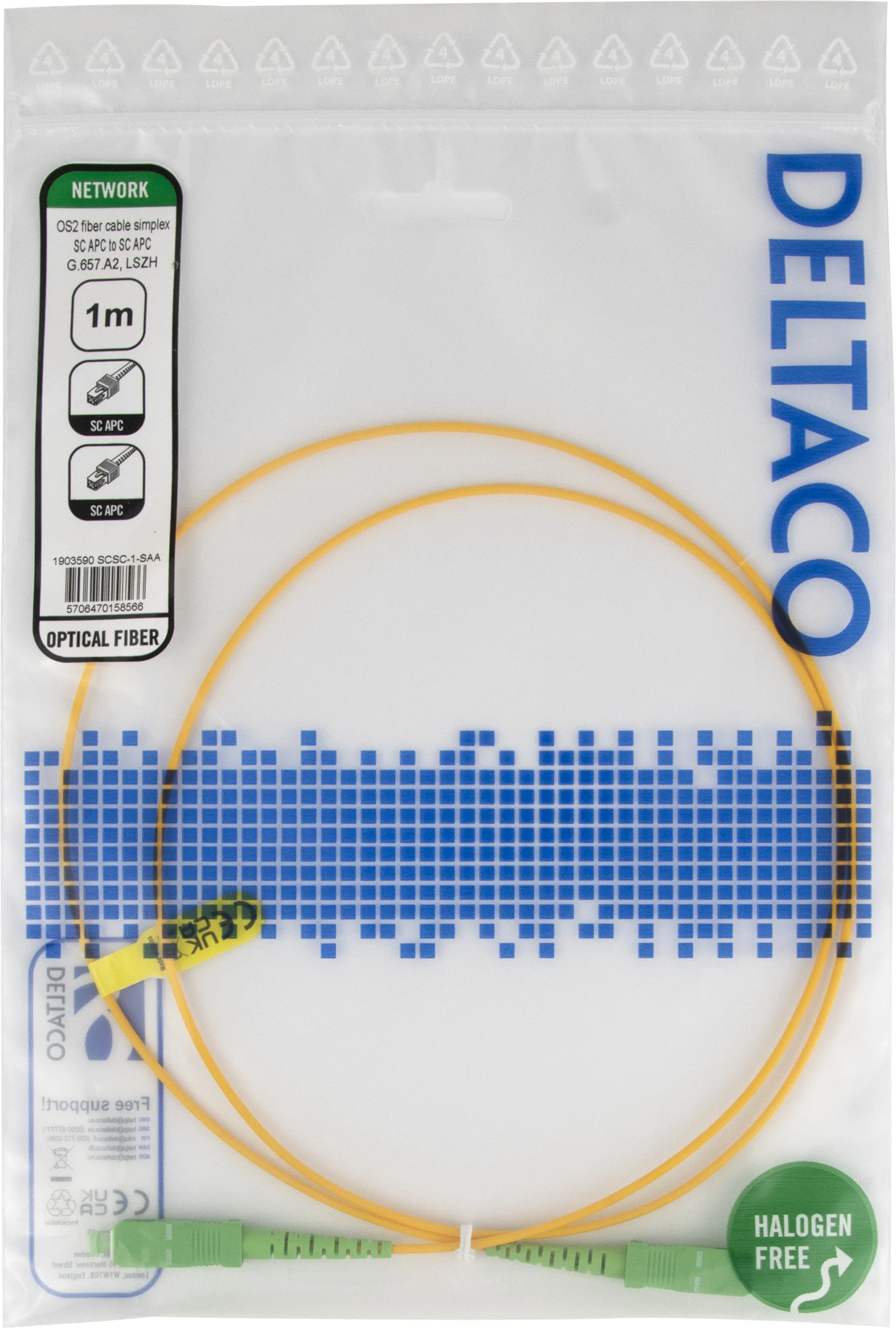 Deltaco OS2 SC-SC 1m Fiber Optic Cable, Yellow