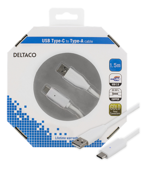DELTACO USB 2.0 -kaap., 1,5m, Type C - Type A uros, PD profil 1, valk.