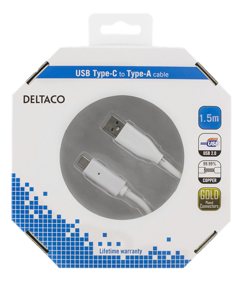 DELTACO USB 2.0-kabel, 1,5m, Typ C - Typ A hane, PD profil 1, vit