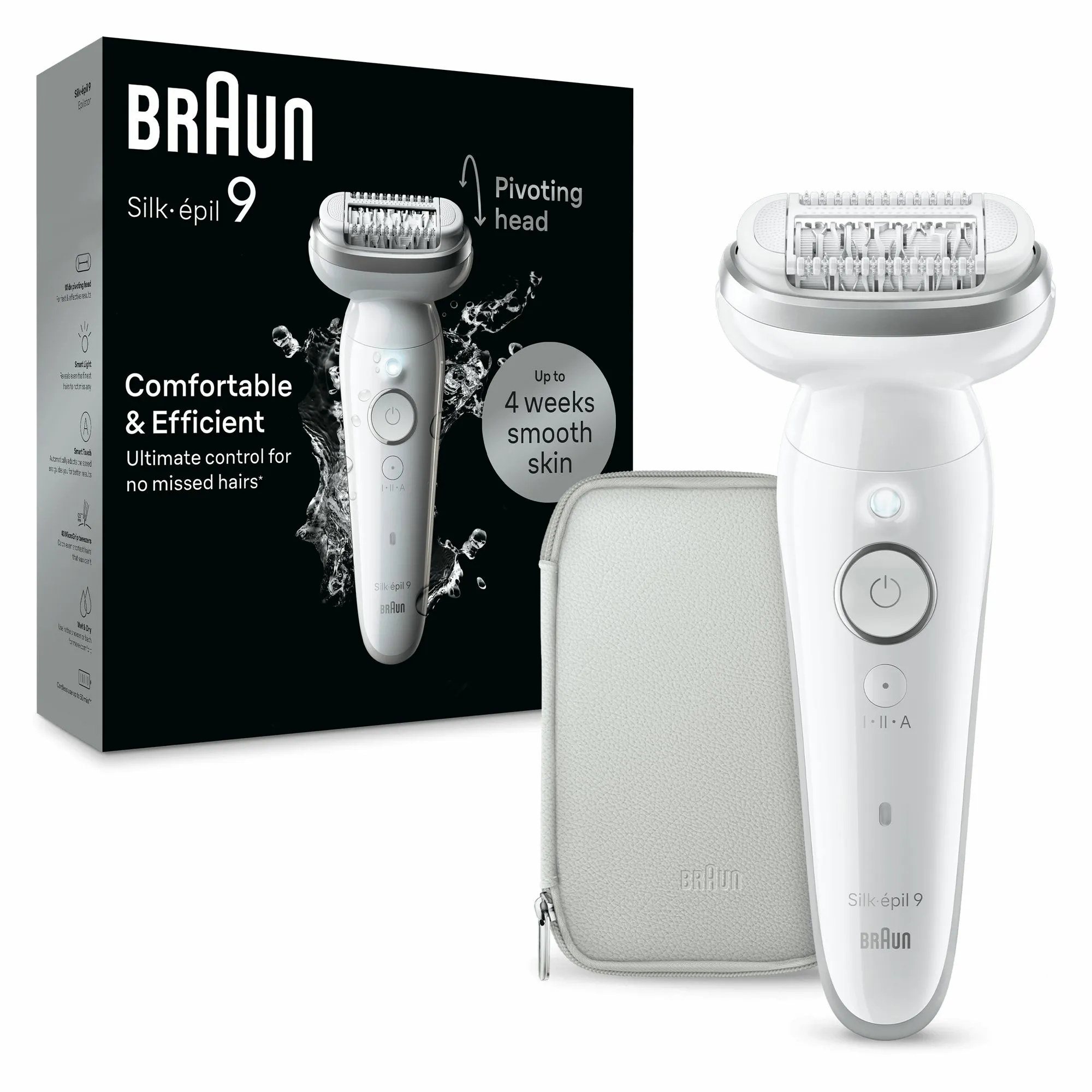 Braun Silk-epil 9 Flex 9-011 märkä- ja kuiva-ajoon, johdoton, ladattava, pestävä -epilaattori, hopea, valkoinen