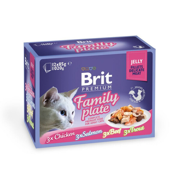 Brit Premium Family Plate Fillets in Jelly Mix of Flavours (Chicken, Salmon, Beef, Trout), Wet food for cats, Adult, 12 x 85g
