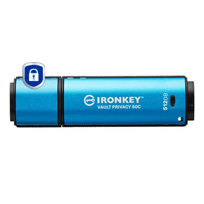 Kingston IronKey Vault Privacy 50C 512 Gt USB-C 3.2 Gen 1x1 -muistitikku, Black, Blue