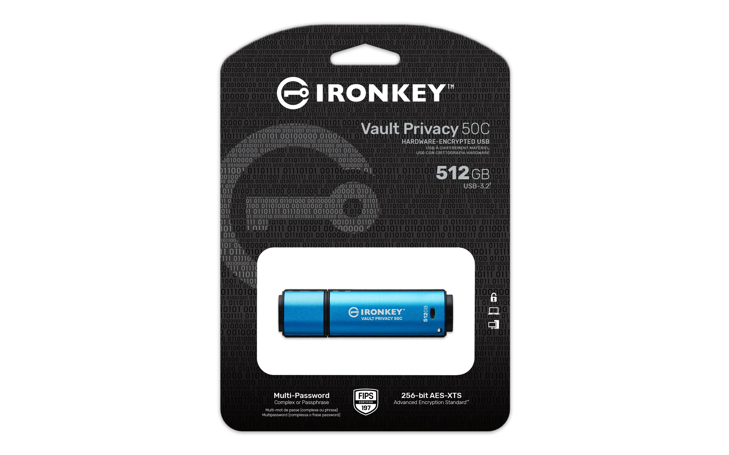 Kingston IronKey Vault Privacy 50C 512 Gt USB-C 3.2 Gen 1x1 -muistitikku, Black, Blue