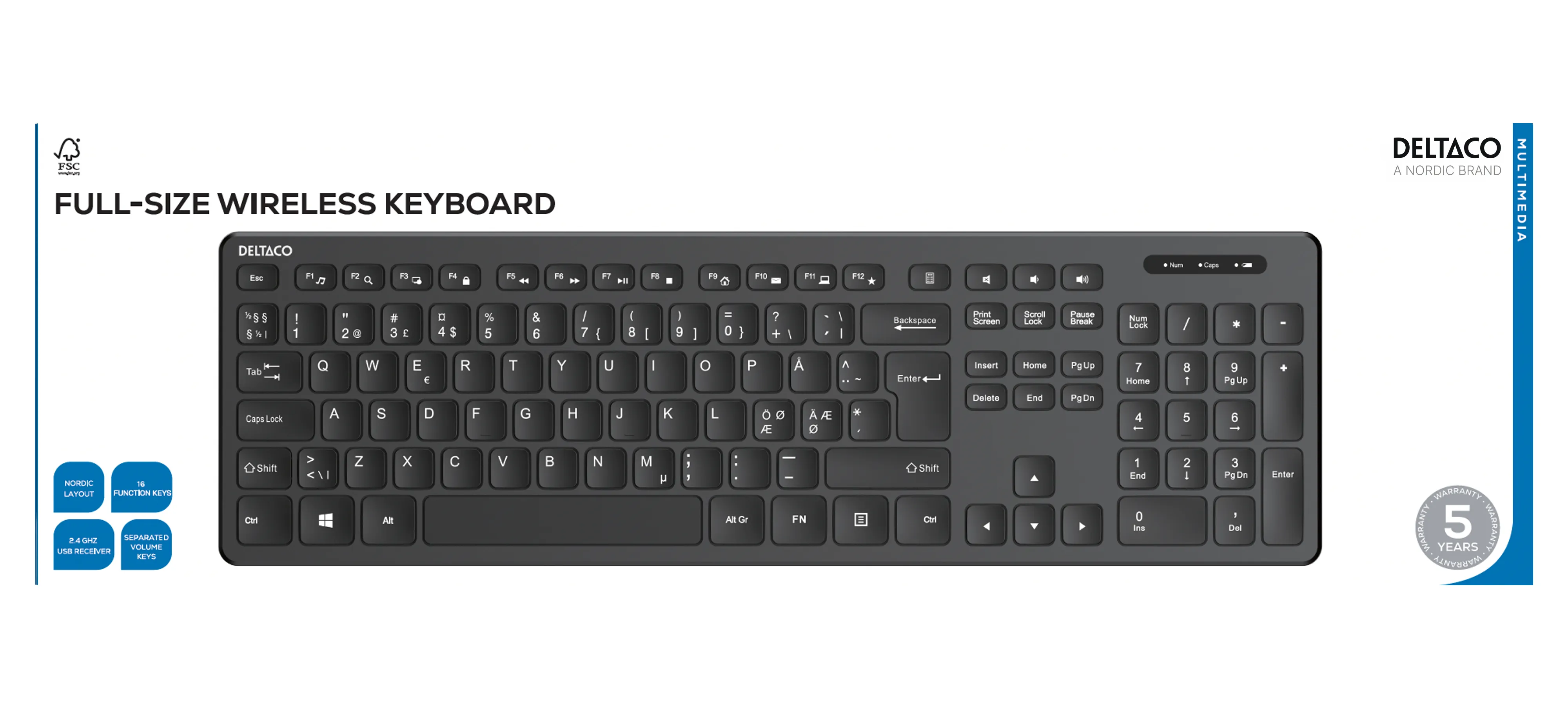 DELTACO TB-122-1S Wireless Keyboard, Black