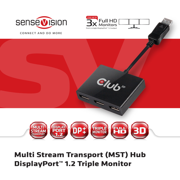 CLUB 3D MST HUB 3-1 Max resolution 4Kx2K 60Hz 24 bpp (DP1.2a) and 1920x1080(FHD) 240Hz 24bpp