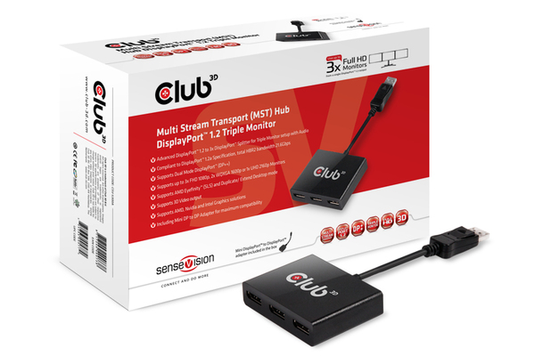 CLUB 3D MST HUB 3-1 Max resolution 4Kx2K 60Hz 24 bpp (DP1.2a) and 1920x1080(FHD) 240Hz 24bpp