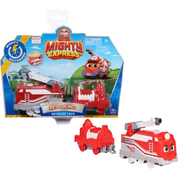 Spin Master Mighty Express Motorized Train Red Rescuer Toy Vehicle (Red/White, With Boxcar)