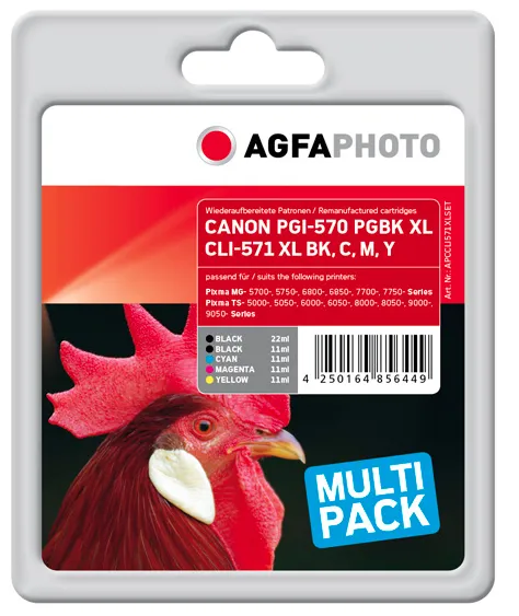 AGFAPHOTO PGI-570/CLI-571 XL kit med bl&auml;ckpatroner, 33 ml, svart/cyan/magenta/gul, 5 st