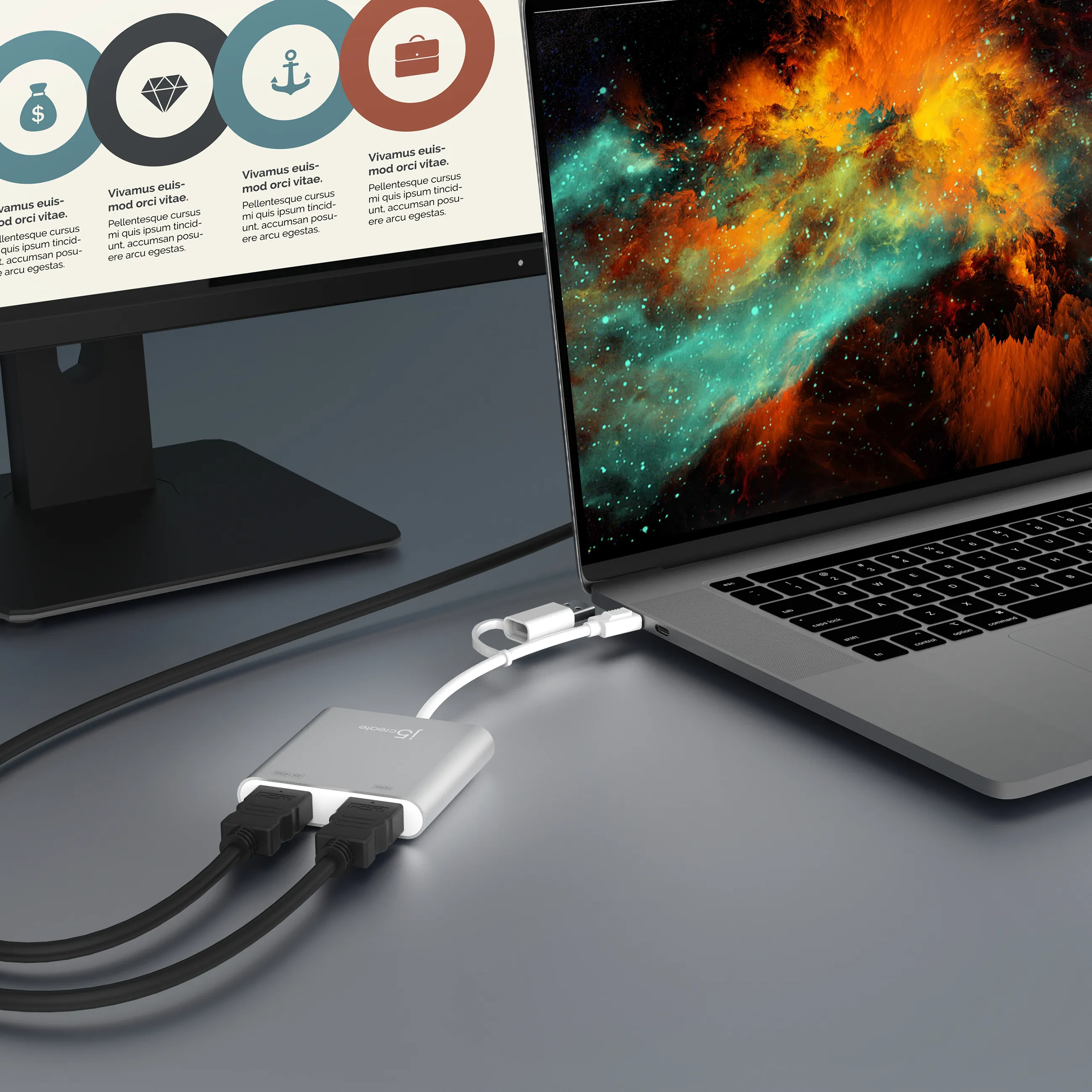 (Bargains) J5 Create USB-C to Dual HDMI Multi-Monitor Adapter - adapter, Silver