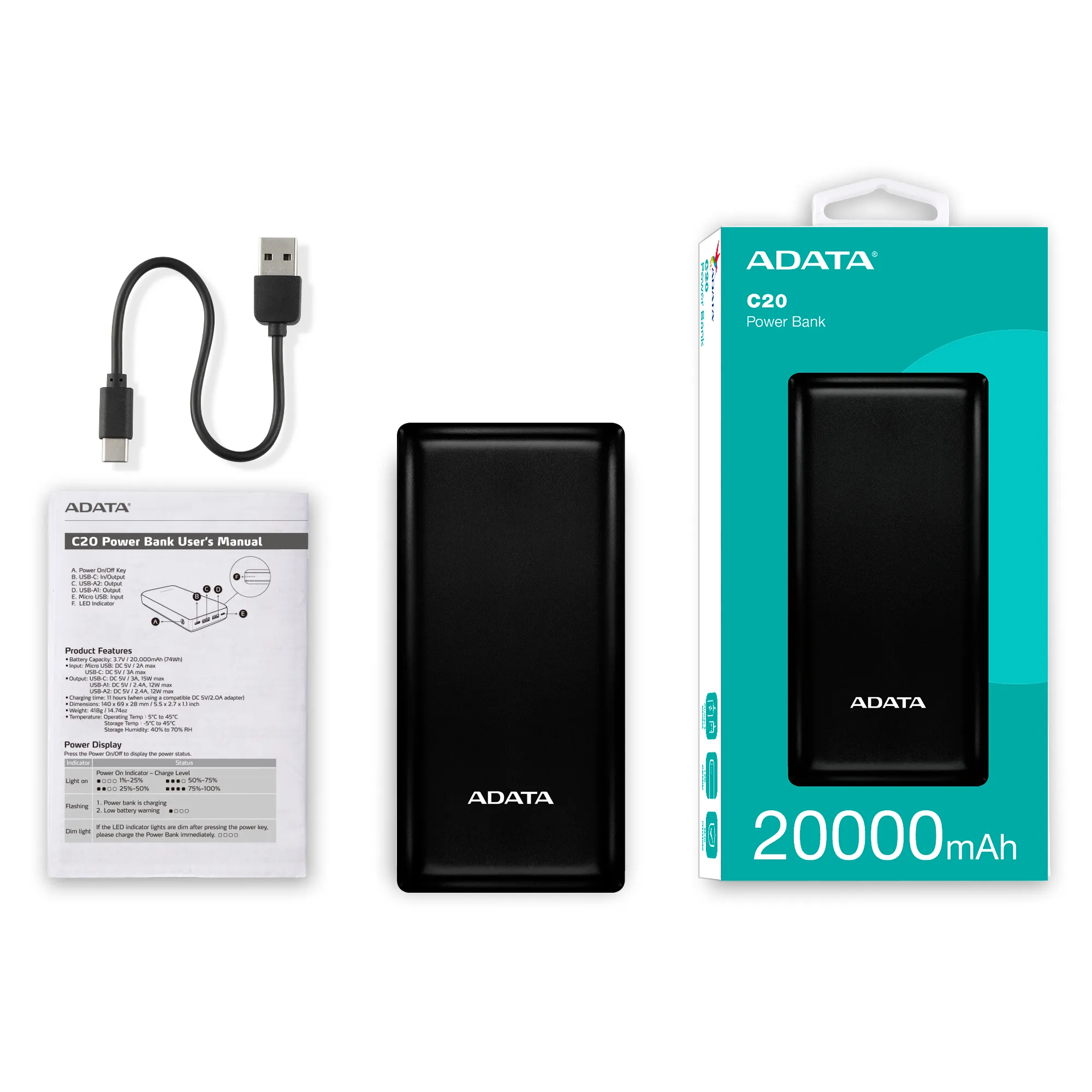 ADATA C20 Powerbank 20000mAh Sort