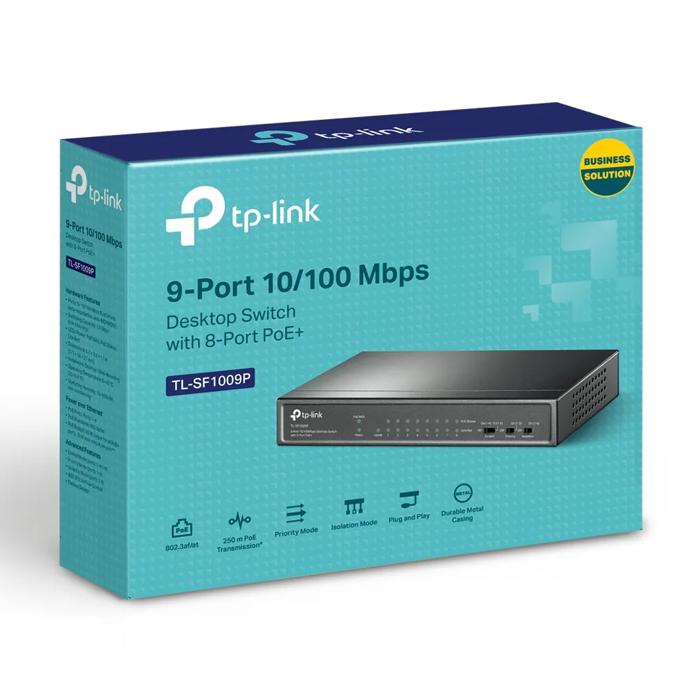 TP-LINK TL-SF1009P 9-Port 10/100 Mbps Steel Desktop Switch with 8-Port PoE+ 67W PoE budget