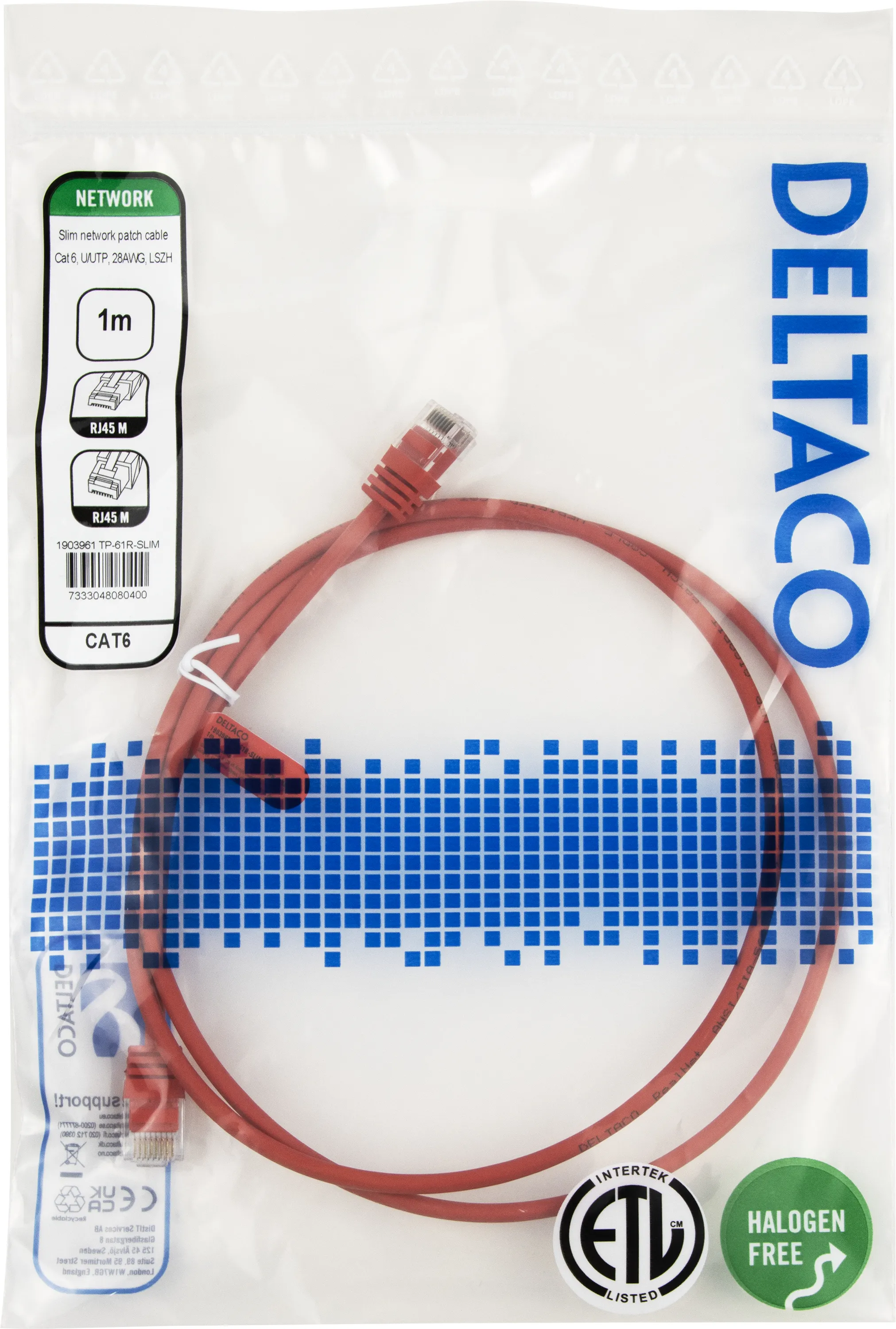 Deltaco Cat6 UTP RJ45 1m n&auml;tverkskabel, r&ouml;d