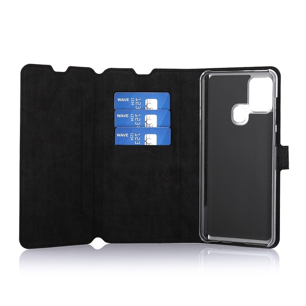 Wave Multipocket Book Case musta suojakotelo Samsung Galaxy A21s puhelimelle. Magneettisulkuinen kansi, korttipaikat RFID suojauksella ja l&auml;pin&auml;kyv&auml; muovikelkka