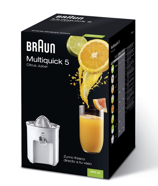 *BRAUN SITRUSPURISTIN MPZ22 Classic Design. K&auml;tev&auml; sitruspuserrin, joka aktivoituu kun hedelm&auml;&auml; painetaan kartiota vasten. Kartio py&ouml;rii joka toisen kerran oike