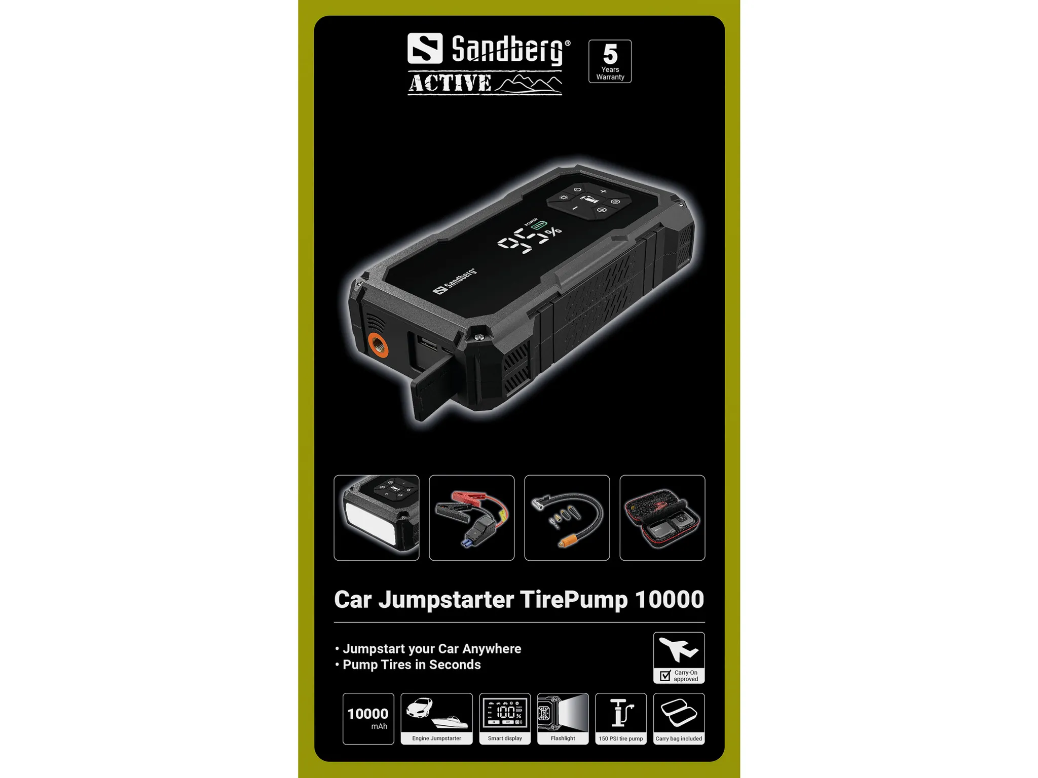 SANDBERG TirePump 10000mAh - auton apuk&auml;ynnistin integroidulla rengaspumpulla