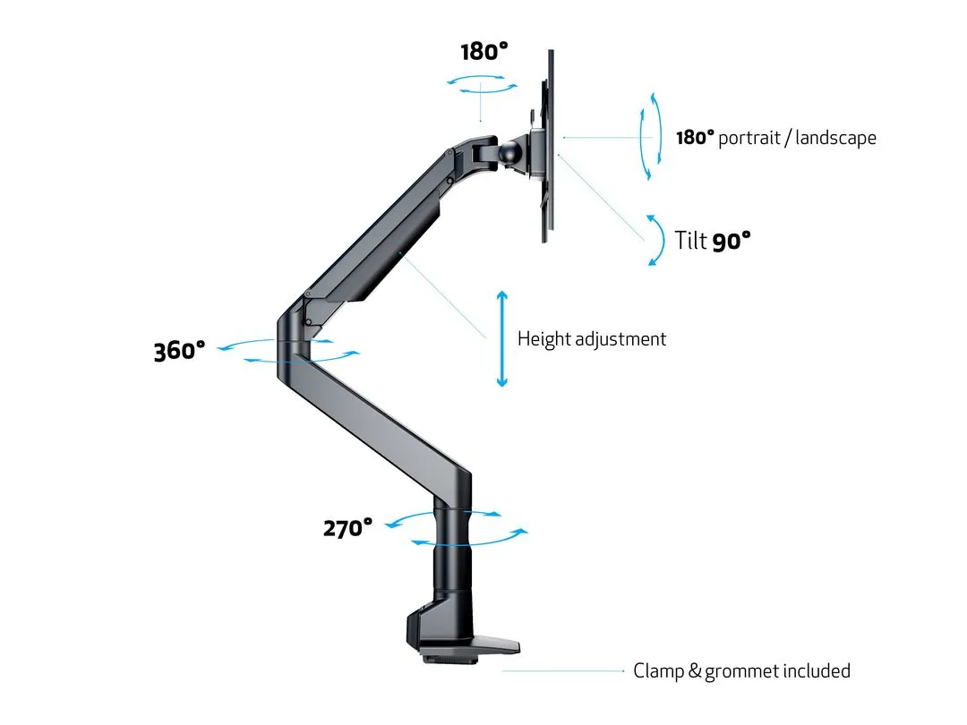Multibrackets M VESA Gas Lift XL Single Black HD Monitor Arm, for 1 monitor, 15-49", with gas spring, 18kg, Black