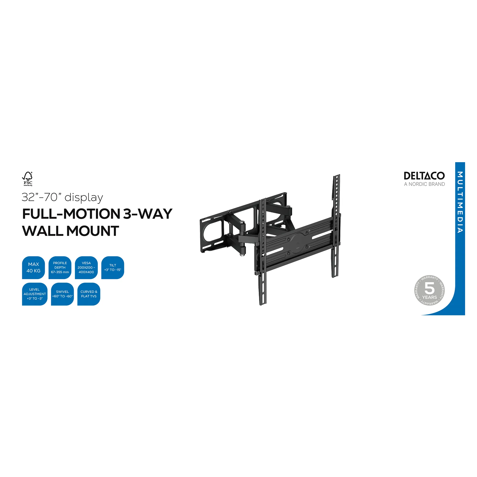 DELTACO ARM-1202-B K&auml;&auml;ntyv&auml; TV-sein&auml;teline, 32-70", 40 kg, musta