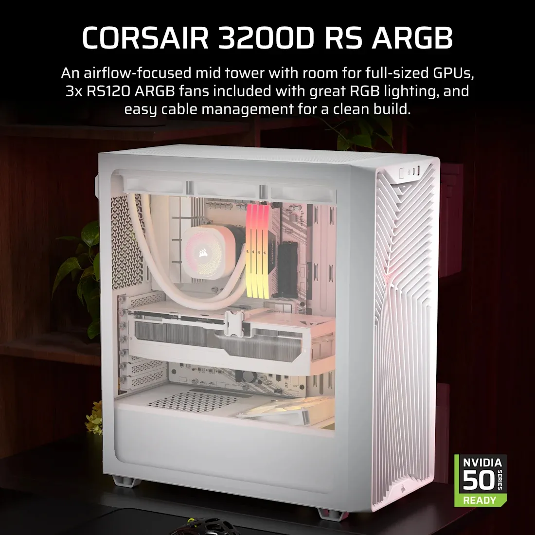 CORSAIR 3200D RS ARGB -miditornikotelo ikkunalla ja RGB-valaistuksella, valkoinen