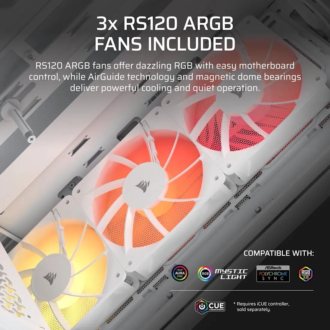 CORSAIR 3200D RS ARGB -miditornikotelo ikkunalla ja RGB-valaistuksella, valkoinen