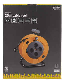 DELTACO IP20 Kabelvinda, 25m, 3000W, 4xCEE 7/4, CEE 7/7, svart/orange
