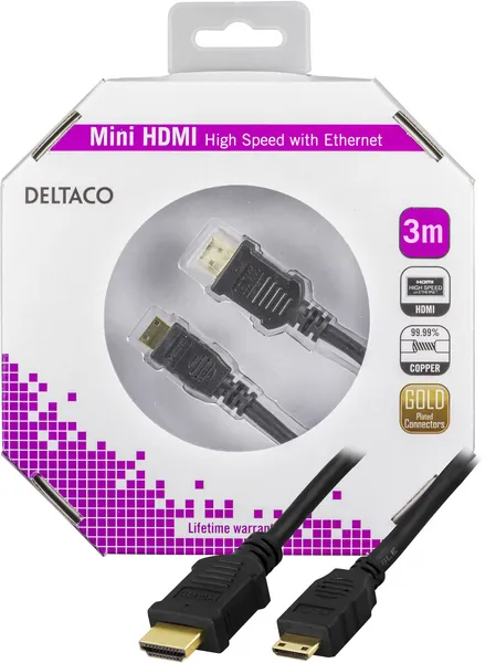 DELTACO HDMI-kabel, v1.4+Ethernet, 19-pin ha-Mini ha, 1080p, svart, 3m