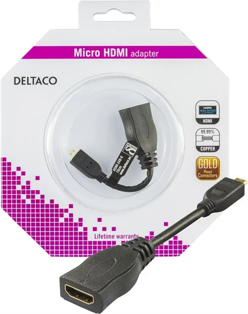 DELTACO HDMI High Speed sovitin, Micro HDMI ha - HDMI , 0,1m, musta
