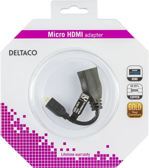 DELTACO HDMI High Speed sovitin, Micro HDMI ha - HDMI , 0,1m, musta