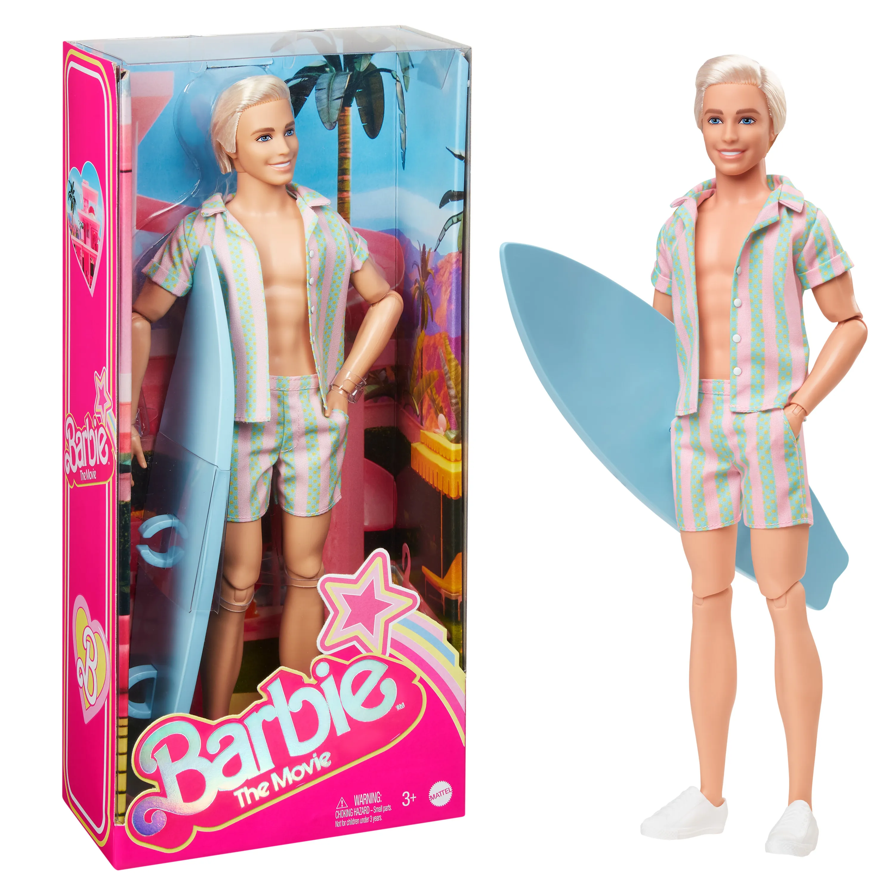 Mattel Barbie Signature The Movie Ken Doll Wearing Pastel Pink and Green Striped Beach Outfit Mini-Play Figure
