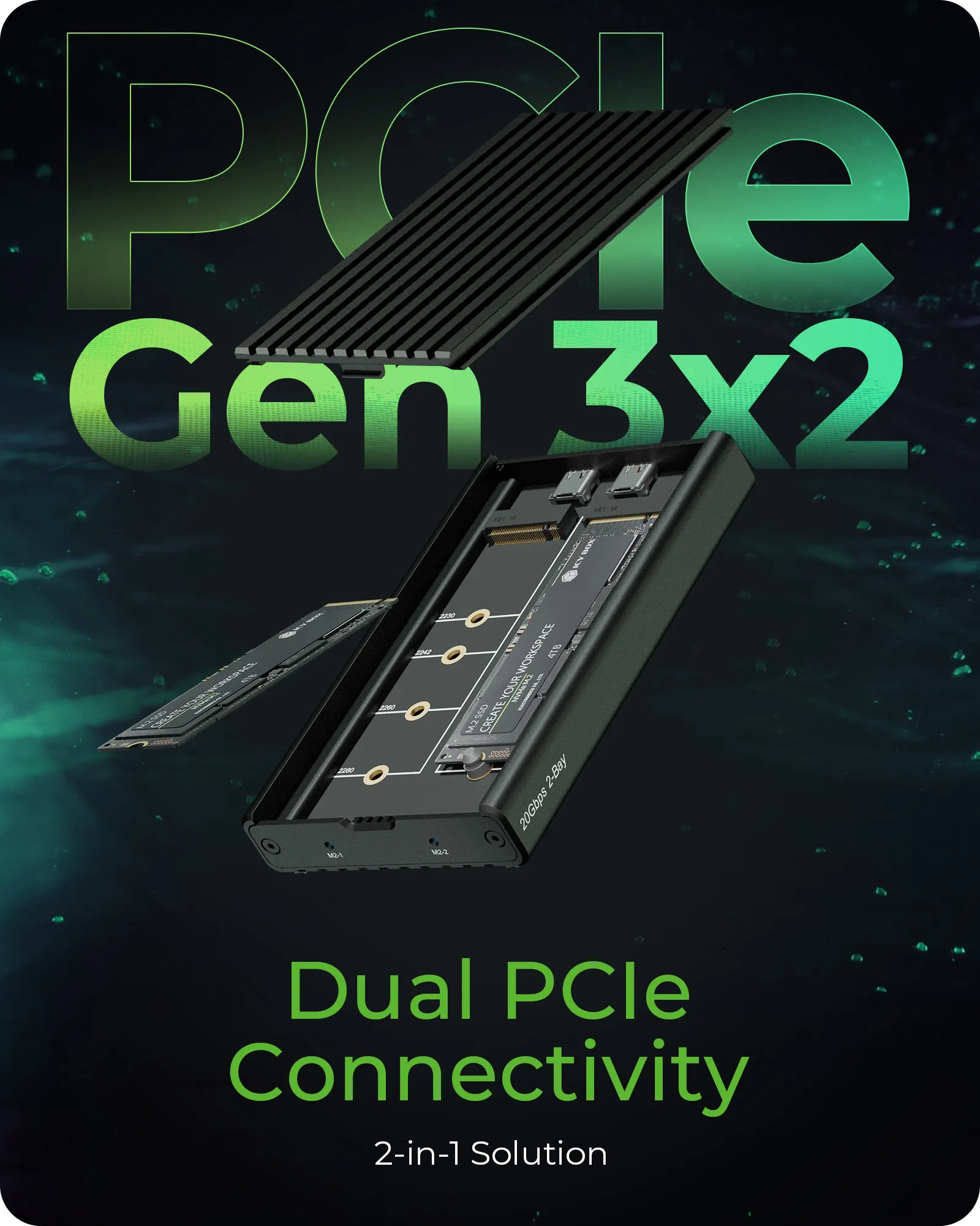 ICY BOX IB-2817M-C32 M.2 NVMe SSD -kotelo, 2-paikkainen, USB 3.2 Gen 2x2, ty&ouml;kaluton, musta