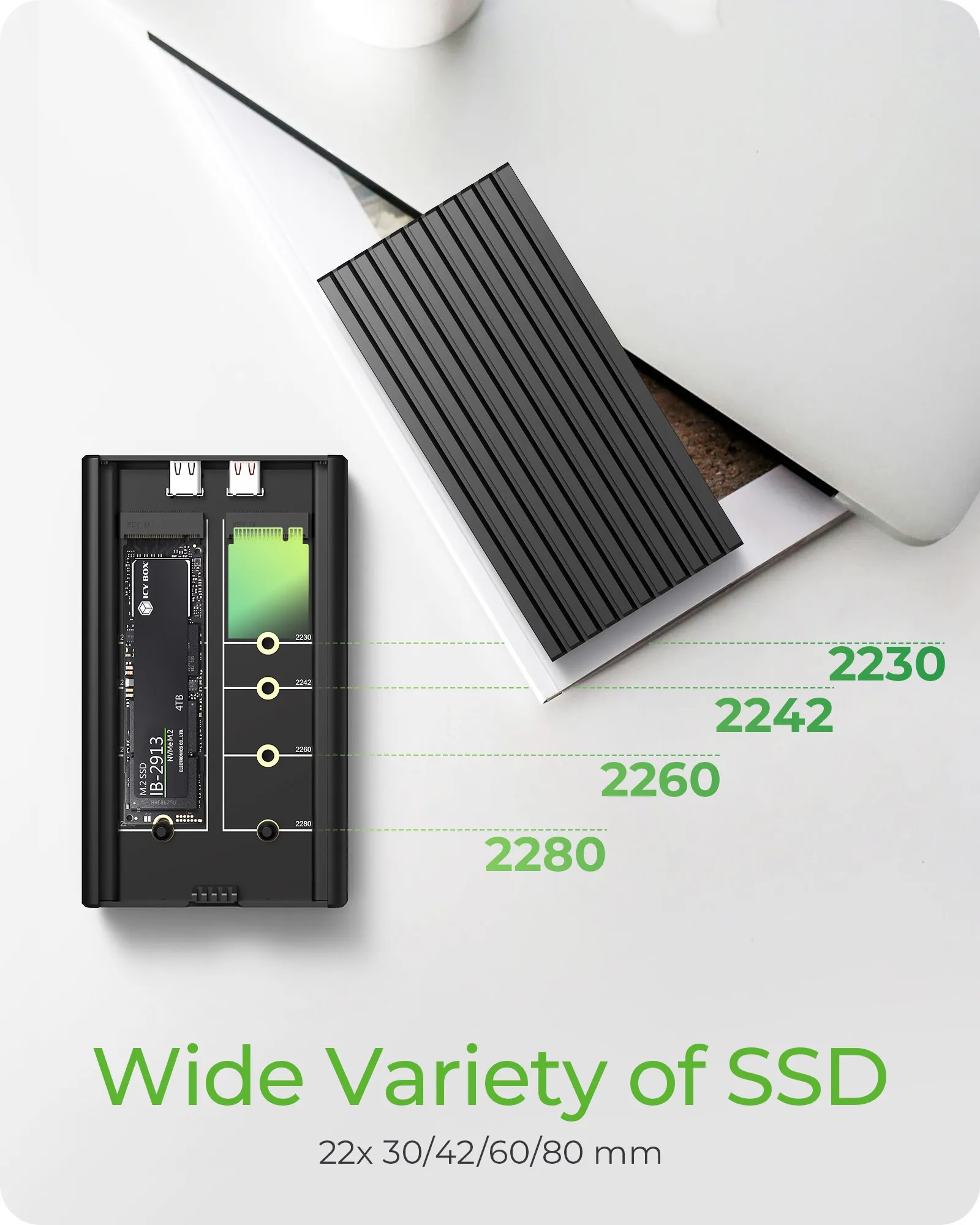 ICY BOX IB-2817M-C32 M.2 NVMe SSD -kotelo, 2-paikkainen, USB 3.2 Gen 2x2, ty&ouml;kaluton, musta