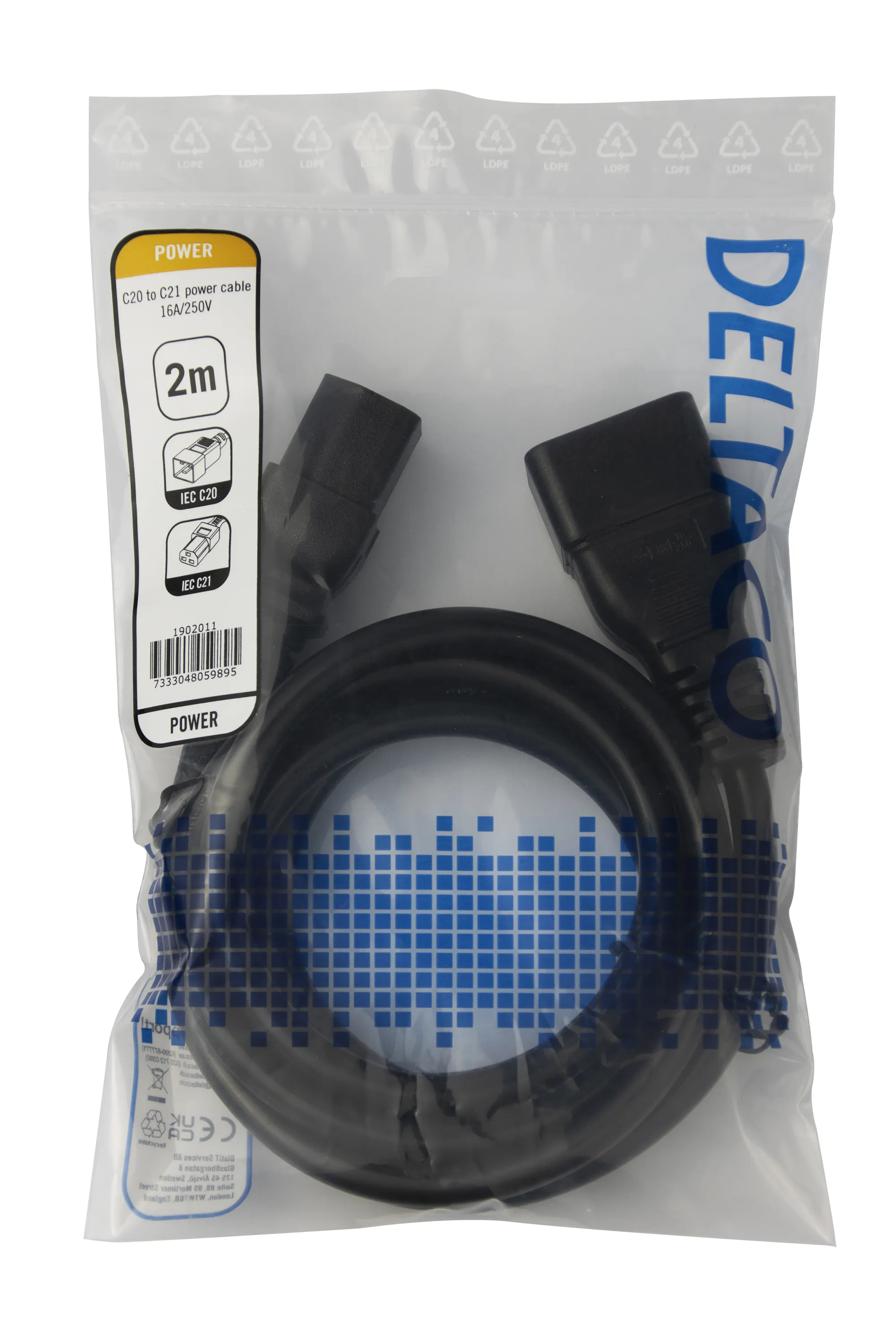 Deltaco IEC C20 - IEC C21 Hightemp -virtakaapeli, Musta