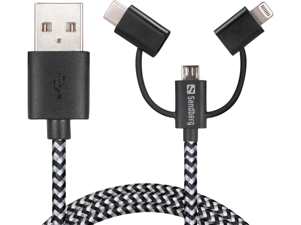 Sandberg 3-in-1 USB-A - Lightning -kaapeli, 1 m, Musta/Harmaa